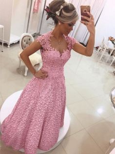 Gorgeous A-line Long Pink Lace Prom Dress with Open Back  cg7252