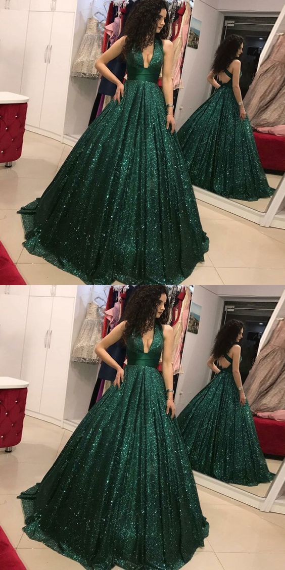 A-Line V-Neck Open Back Dark Green Sequin Prom Dress cg736