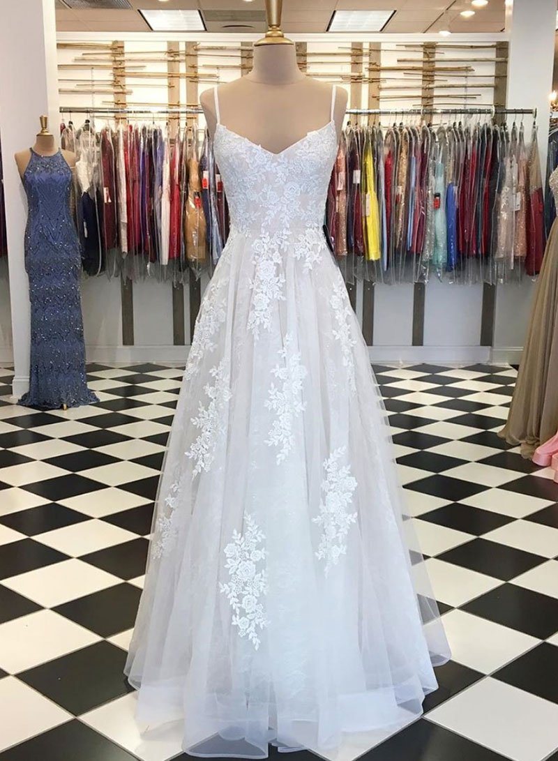 White tulle lace long prom dress, white evening dress cg741