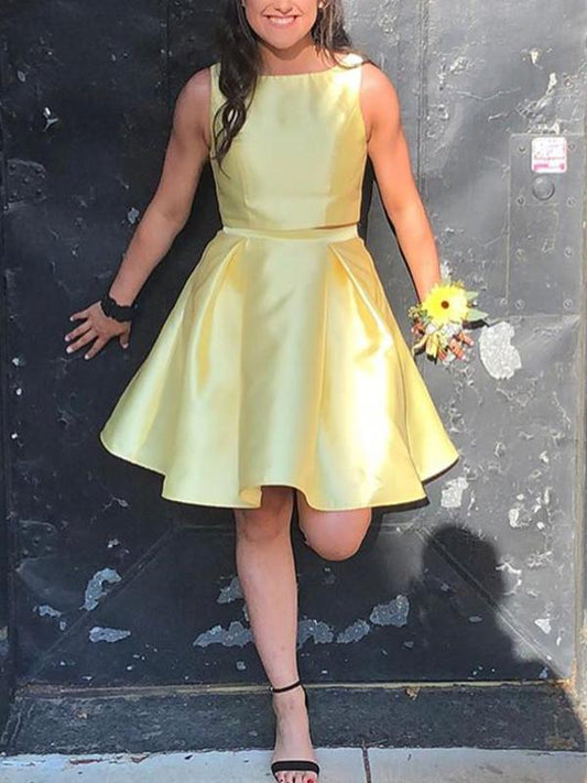 Yellow Satin Two Piece Charming Homecoming Dresses cg747