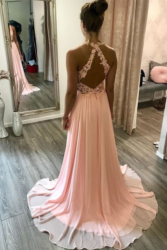 Pink Halter Long A Line Evening Dress, Appliques Chiffon Long Prom Dress  cg7478