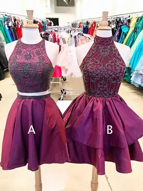 Burgundy Elastic Satin Beading Mismatched Sleeveless Homecoming Dresses cg748