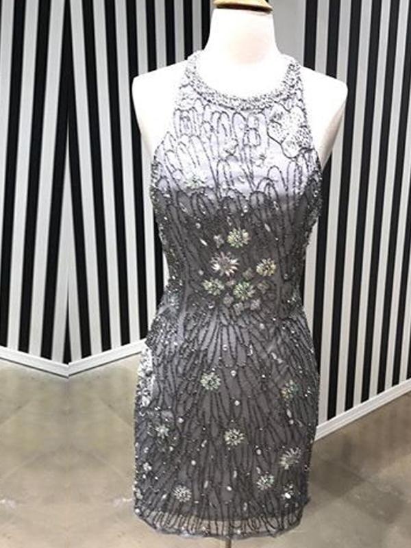 Silver Beading Rhinestone Open Back Sheath Homecoming Dresses cg752