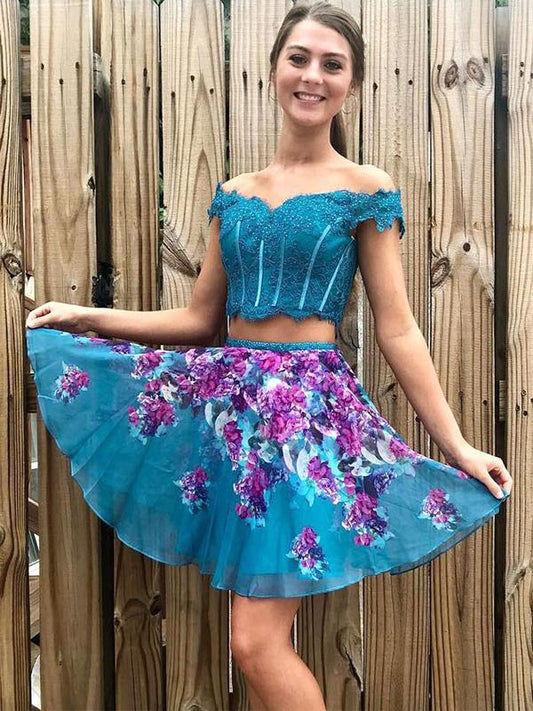 Turquoise Off Shoulder Beading Lace Floral Homecoming Dresses cg754