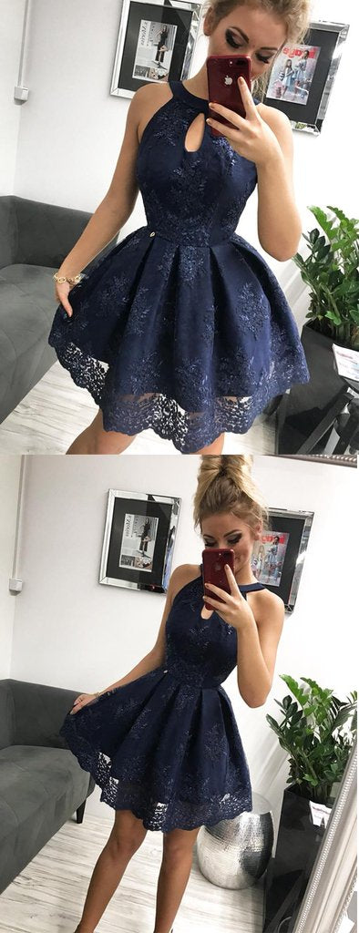 Navy Lace Halter Simple Party Dresses Homecoming Dresses cg755