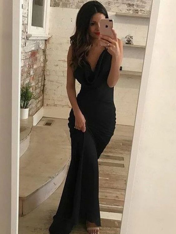 V-Neck Open Back Sleeveless Black Long Prom Dresses  cg7569