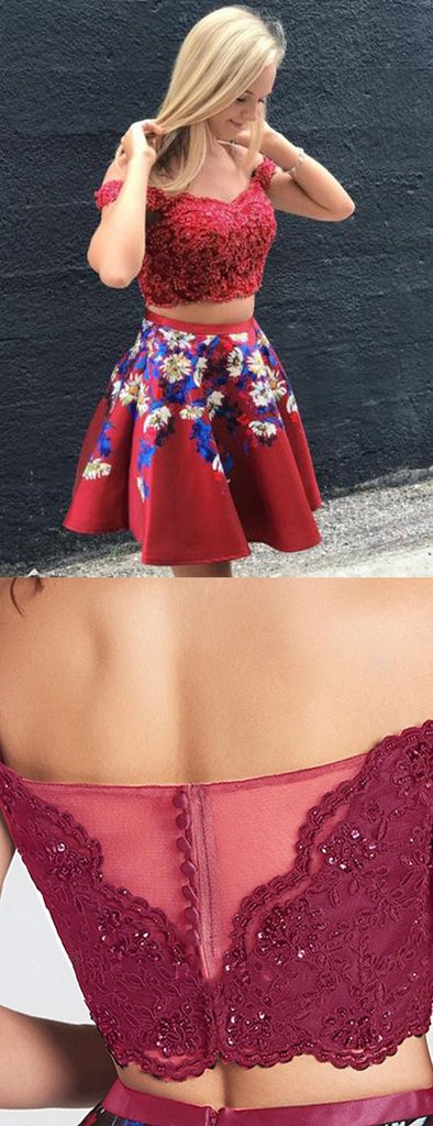 Two Piece Red Off Shoulder Beading Floral Homecoming Dresses cg760