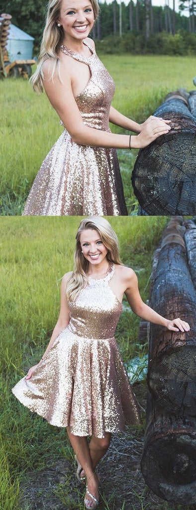 Shiny Gold Sequin Halter Simple Homecoming Dresses cg761