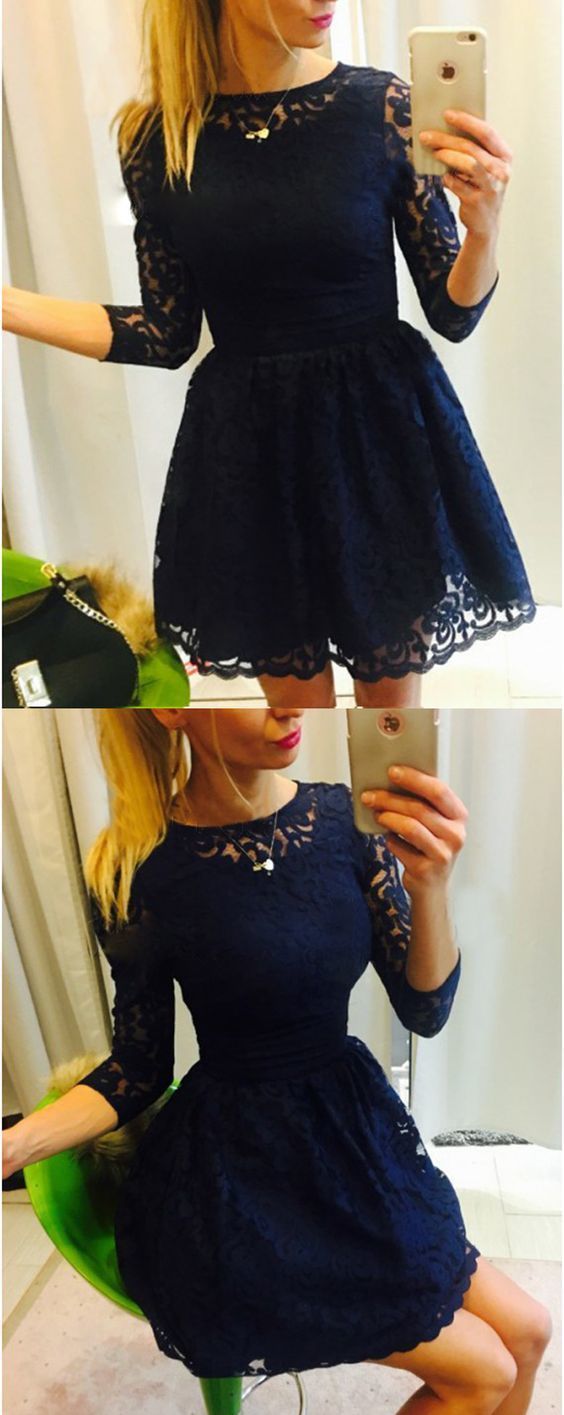 A-Line Bateau 3/4 Sleeves Navy Blue lace Homecoming Dress cg766