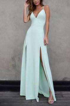 Simple Mint A-line Two Slit V-neck Open Back Long Prom Dress  cg7664