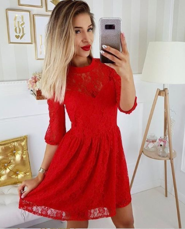 A-Line Round Neck 3/4 Sleeves Red Lace Short Homecoming Dresses cg770