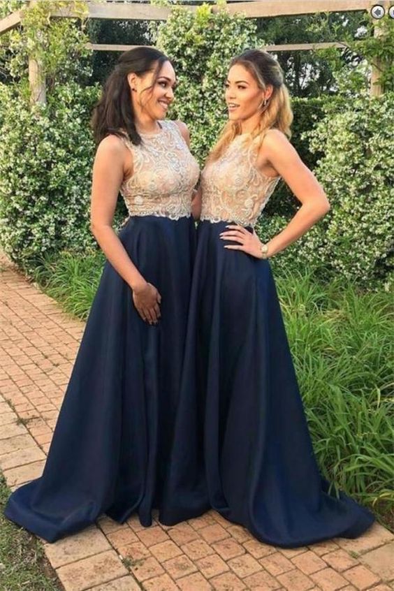 A line High Neck Blue Sleeveless Beads Prom Dresses Satin Bridesmaid Dresses  cg7715