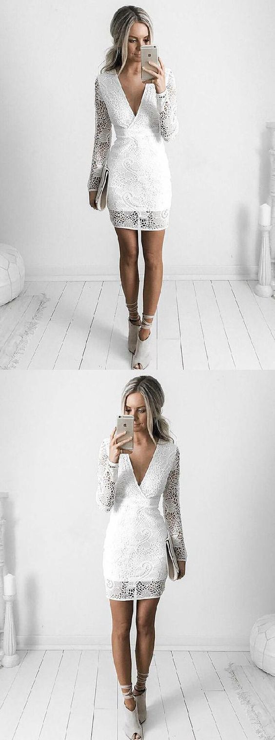 Homecoming Dress White V-neck Lace Sheath Short White Cocktail Dress With Long Sleeves cg784