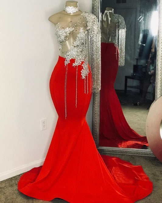 Tassel Prom Dresses, One Shoulder Prom Dresses, Mermaid Prom Dresses, Red Prom Dress  cg7879