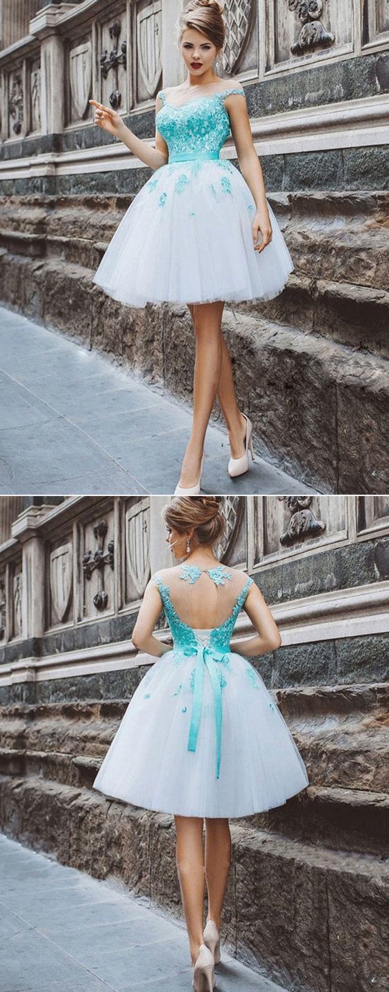 A-Line Illusion Cap Sleeves Keyhole Back Lace Up White Tulle Homecoming Dress with Green Appliques cg790