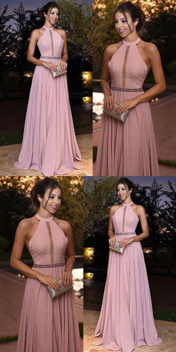 Generous Pink Prom Dress, Round Neck Long Party Dress, Chiffon Evening Dress cg798