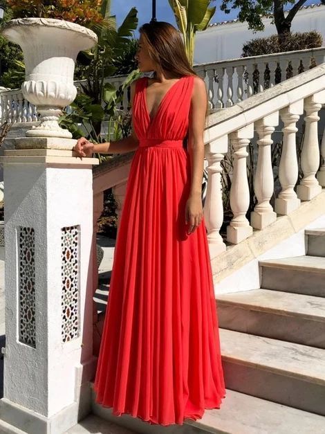 Red A Line V Neck Floor Length Pleated Chiffon Long Prom Dresses  cg7992