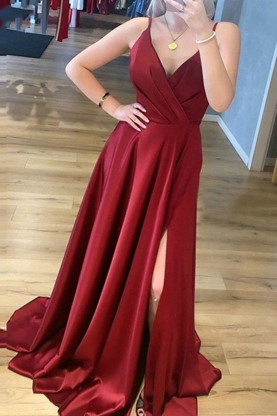 A Line V Neck Burgundy Satin Long Prom Dresses, Wine Red Satin Formal Evening Dresses  cg8025