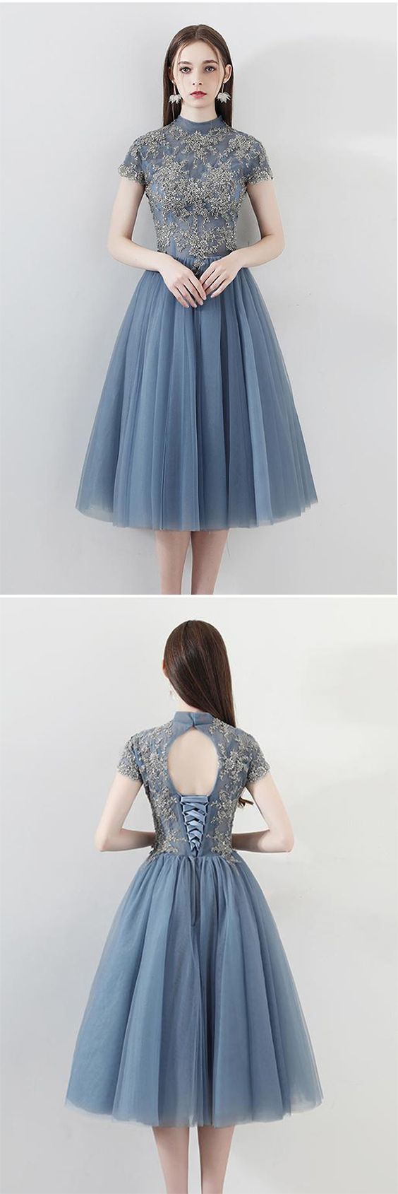 Blue A Line Tulle Short Sleeves High Neck Appliques Homecoming Dresses cg810