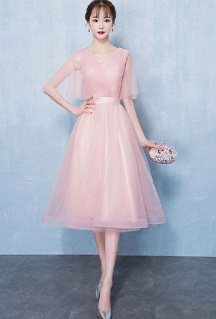 Simple v neck tulle short homecoming dress, pink tulle homecoming dress  cg812