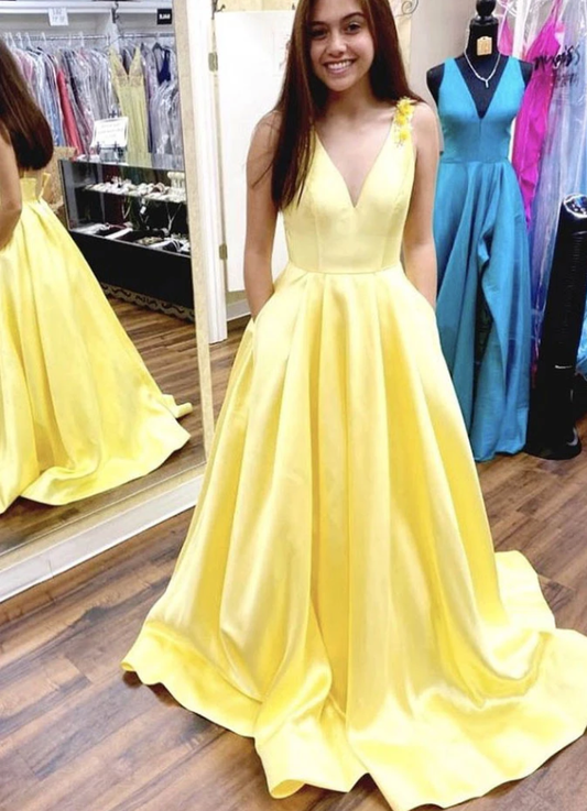 SIMPLE YELLOW SATIN LONG PROM DRESS YELLOW FORMAL DRESS  cg8161