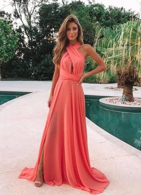 Halter Chiffon Long Prom Dress Coral Dress  cg8221