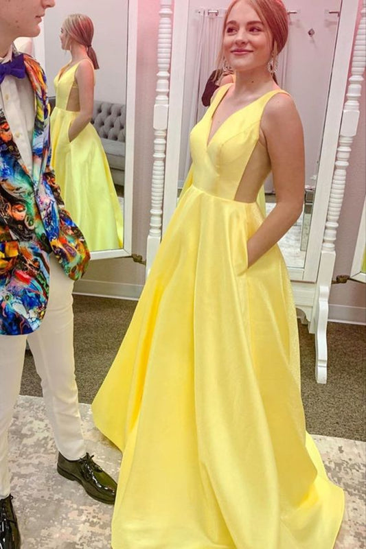 v neck yellow satin long prom dress with pockets   cg8235