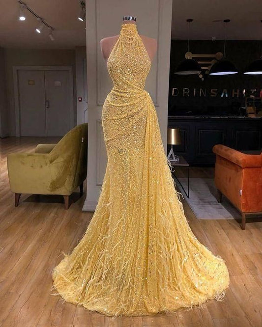 yellow evening dresses long high neck sparkly feather luxury bling evening gown formal prom dress  cg8245