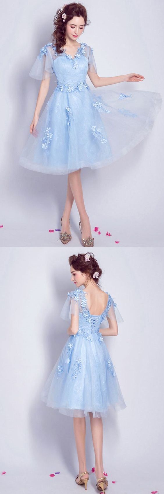 Elegant Blue Knee Length Tulle Homecoming Dress Flowy A-line V-neck With Flowers cg827