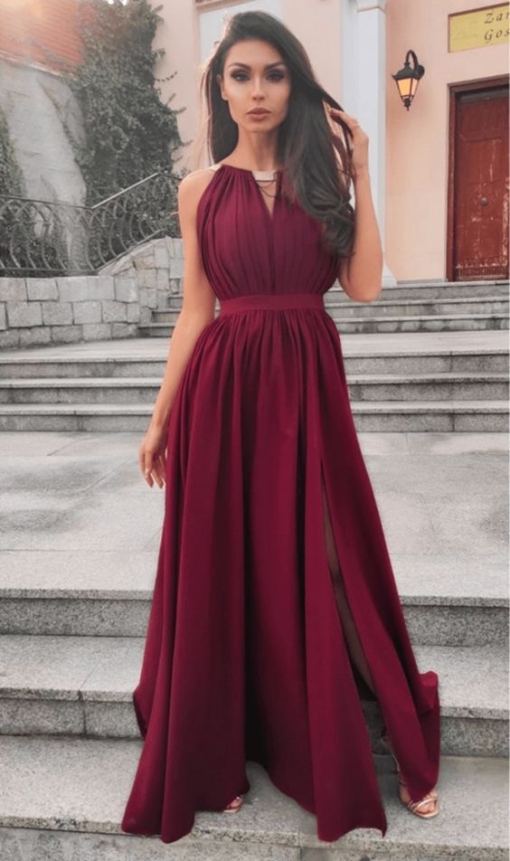 Unique A Line V Neck Burgundy Long Prom Dresses with Split, V Neck Burgundy Formal Dresses  cg8284