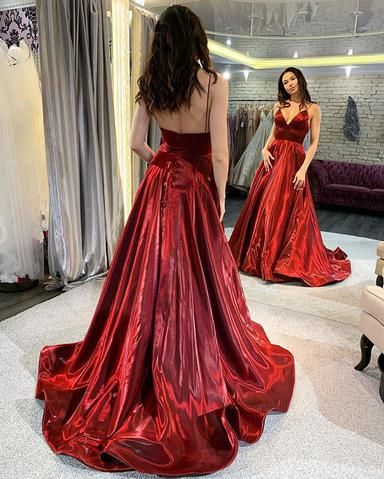 Shiny Spaghetti Straps Wine Prom Dresses Long 2020  cg8289