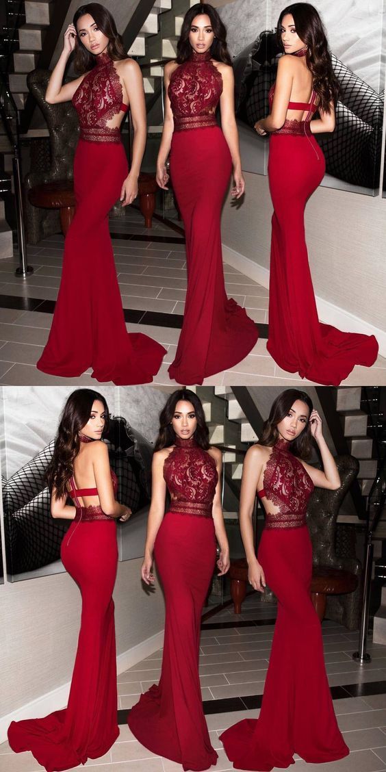 Mermaid High Neck Sweep Train Red Stretch Satin Prom Dress with Lace  cg832