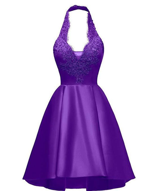 Halter Deep V Neck Satin Appliques Purple Backless Pleated A Line Homecoming Dresses  cg8342