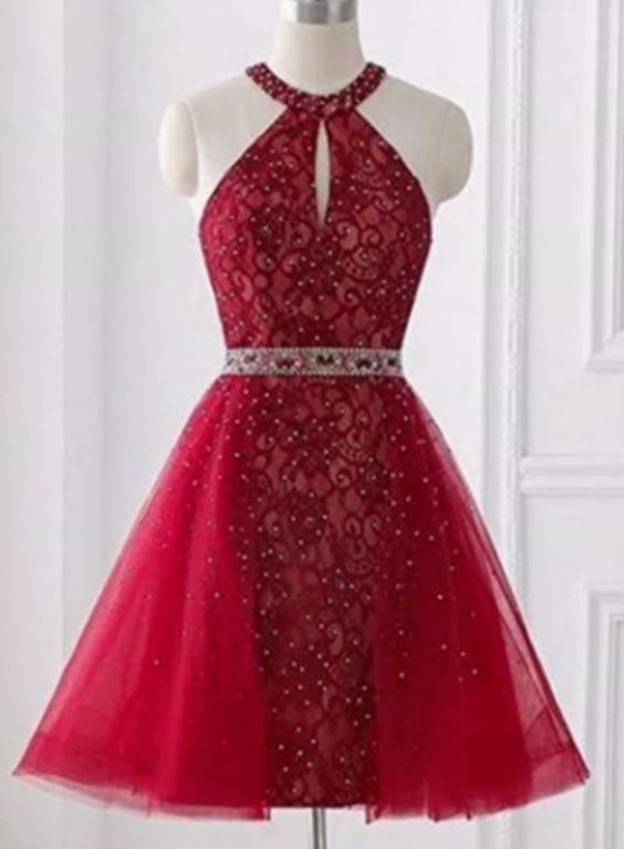 Red Halter Sleeveless Backless Lace A Line Homecoming Dresses  cg8349