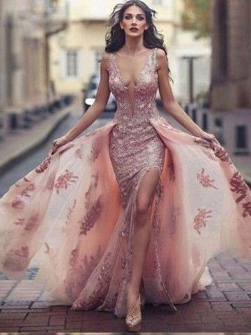 A-Line Round Neck Sweep Train Pink Tulle Prom Dress with Lace Appliques cg837