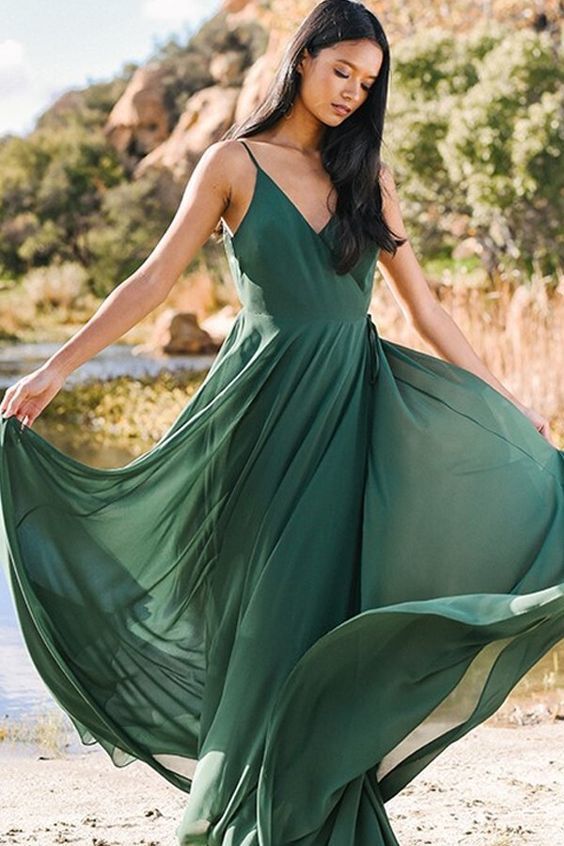 Green Floor Length Prom Dress , V Neck Prom Dress  cg8410