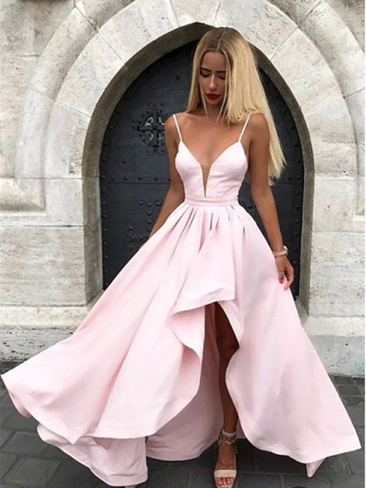 V-neck Pink Spaghetti Straps Split Formal Prom Dress, V-neck Pink Spaghetti Straps Evening Dress cg842