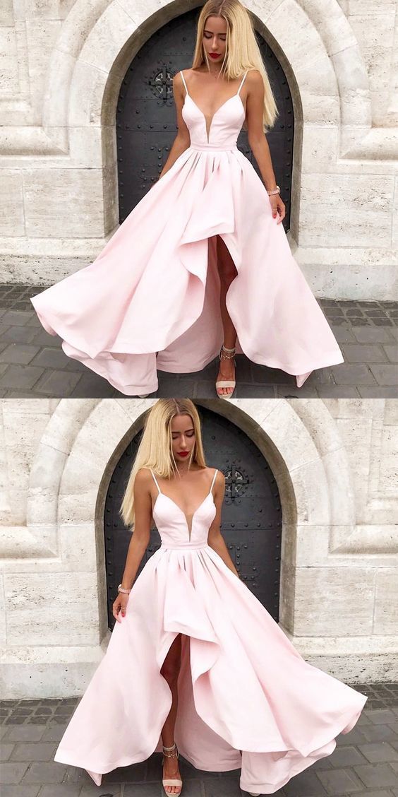 V-neck Pink Spaghetti Straps Split Formal Prom Dress, V-neck Pink Spaghetti Straps Evening Dress cg842