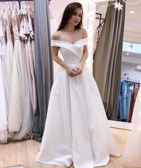 Simple White Off the Shoulder Satin Prom Dress  cg8446