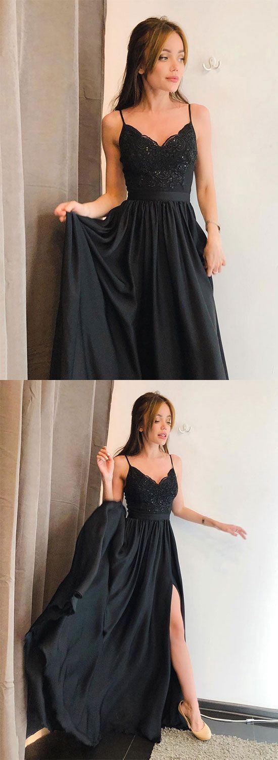 Black Appliqued A-line Long Prom Dress with Slit,Fashion Winter Formal Dress, Wedding Party Dress cg847