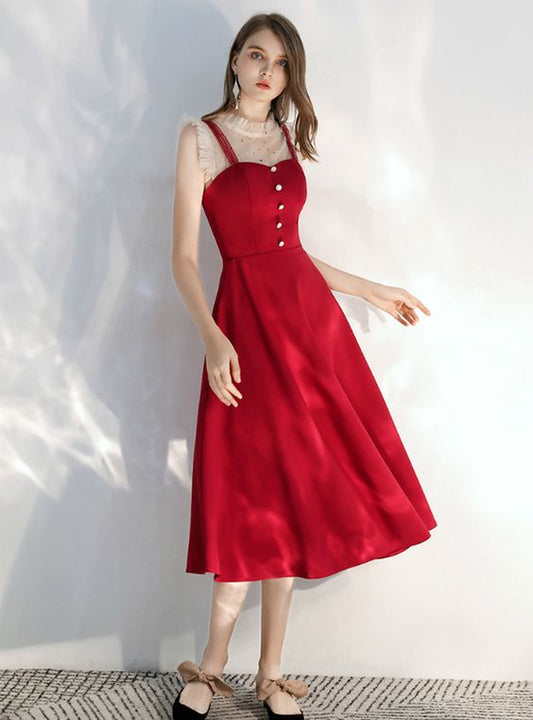 Burgundy Satin Tea Length Prom Dress 2020  cg8483