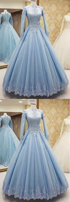 Blue tulle high neck customize formal evening dress with long sleeves cg849