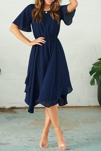 Round Neck Flared Sleeves Navy Prom Dress  cg8525