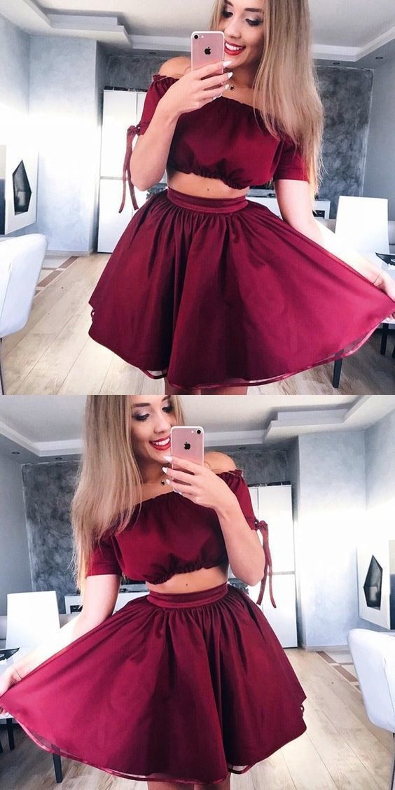 A-Line Off the Shoulder Short Sleeves Burgundy Short Homecoming Dress cg855