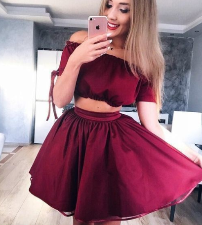 A-Line Off the Shoulder Short Sleeves Burgundy Short Homecoming Dress cg855