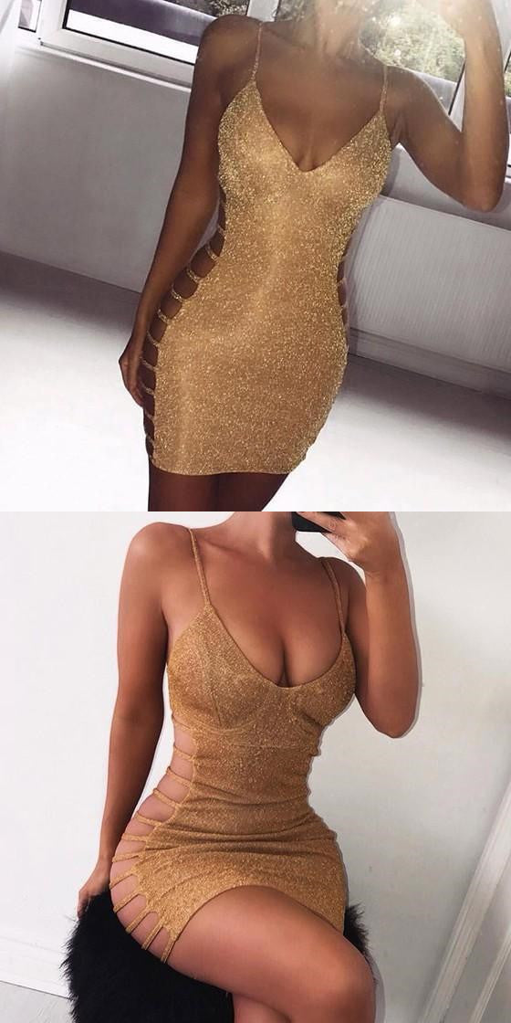 Golden Spaghetti Strap Cut Out Deep V-Neck Bright Wire Clubwear Party Mini homecoming Dress cg859