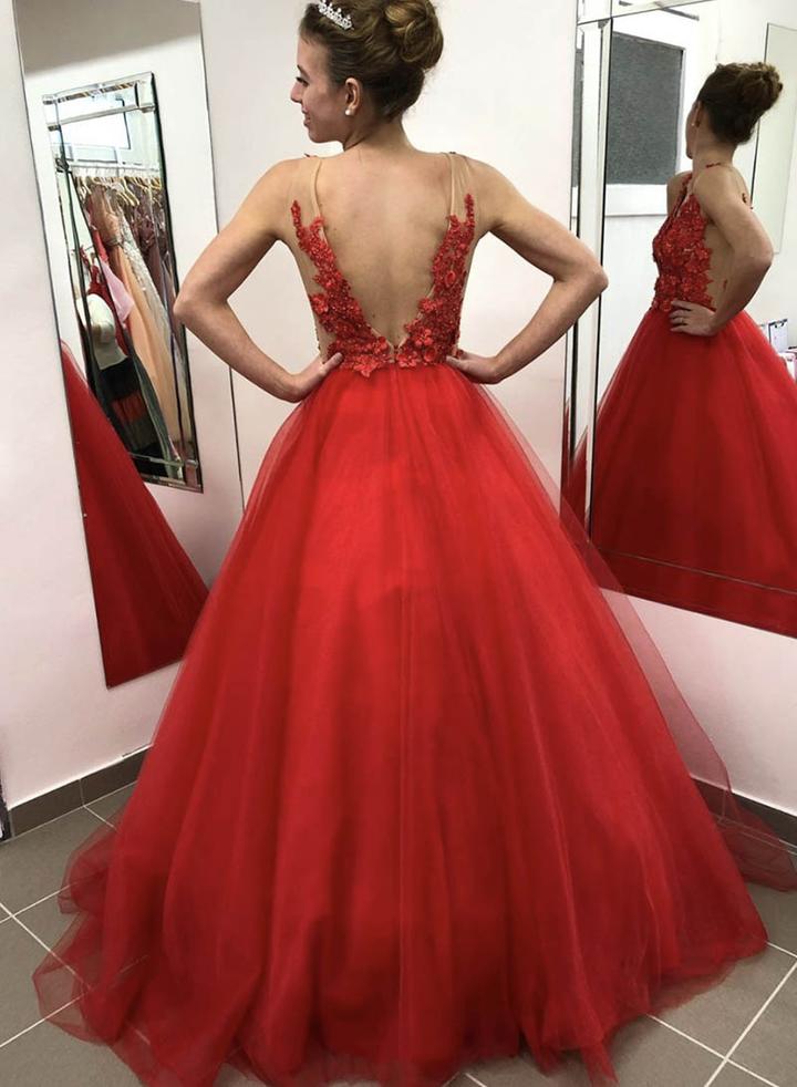 Red v neck tulle lace prom dress evening dress  cg8604