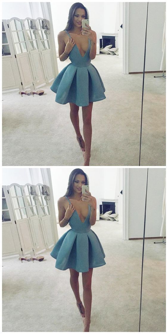 A-Line Deep V-Neck Sleeveless blue Satin Short homecoming Dress cg861