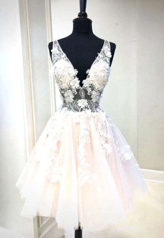 Cute v neck tulle appliqué short  homecoming dress  cg8615