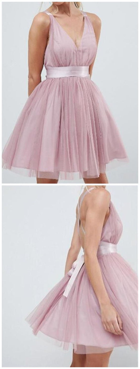 V Neck Short Tulle Dresses, Short Formal Homecoming Graduation Dresses  cg8631